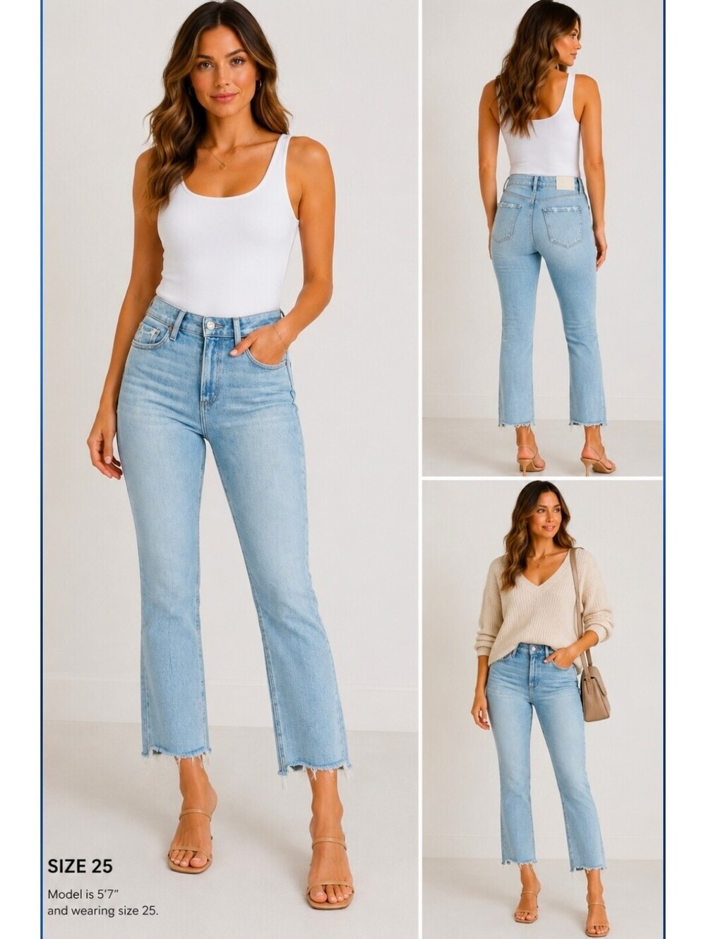 PAIGE Hoxton Slim Crop Jeans Womens 25 Light Wash Raw Hem Distressed High Rise